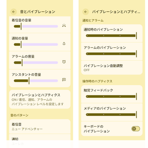 Google Pixelの音とバイブレーション設定画面でバイブレーションとハプティクスを選択する項目