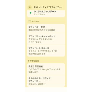 Google Pixelのセキュリティとプライバシー設定にあるプライベートスペースの項目