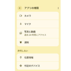 Google Pixelのアプリ権限画面でカメラやマイクの許可と位置情報の設定を確認している画面